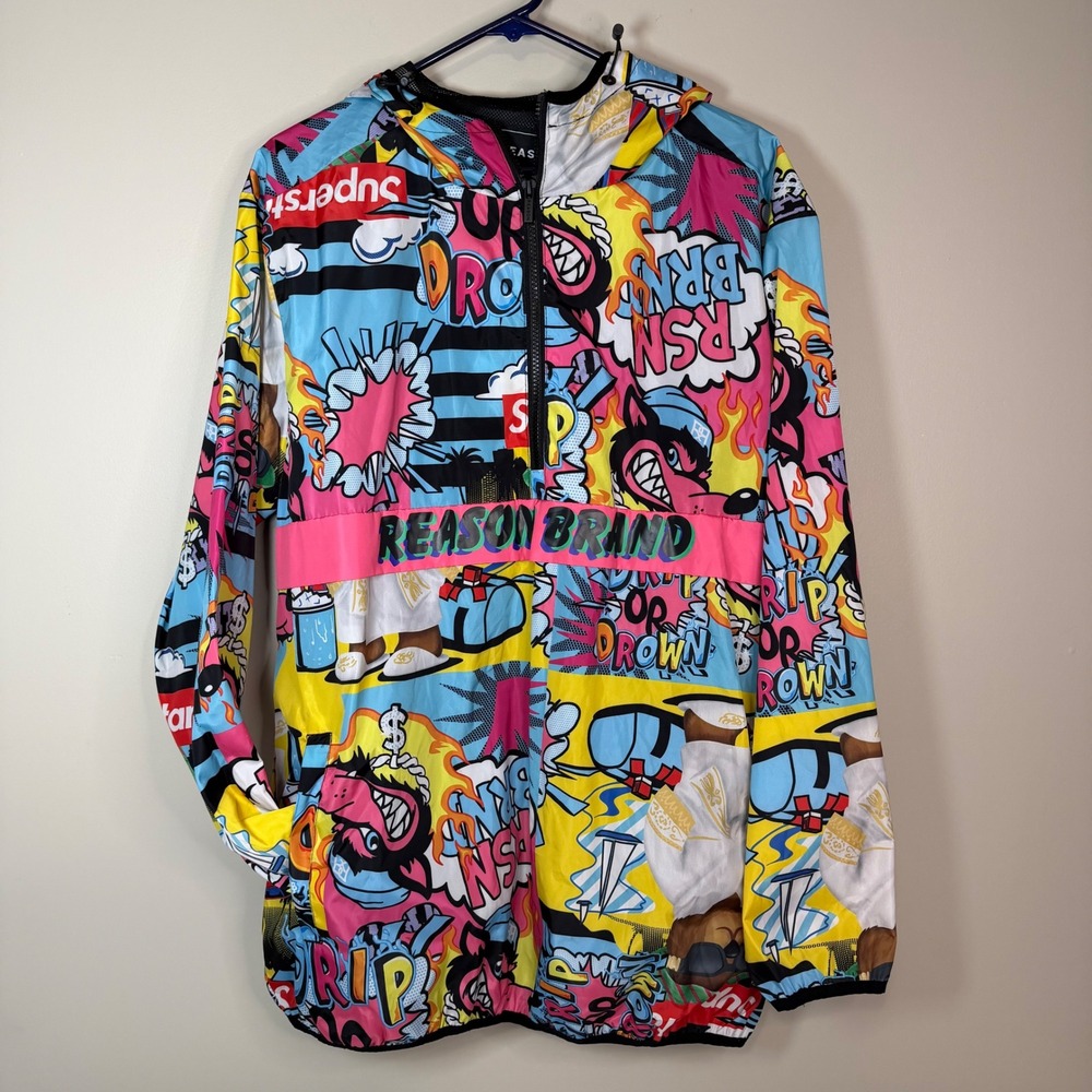 REASON BRAND Mens XL All Over Print Graphic Hooded Windbreaker Jacket Colorful